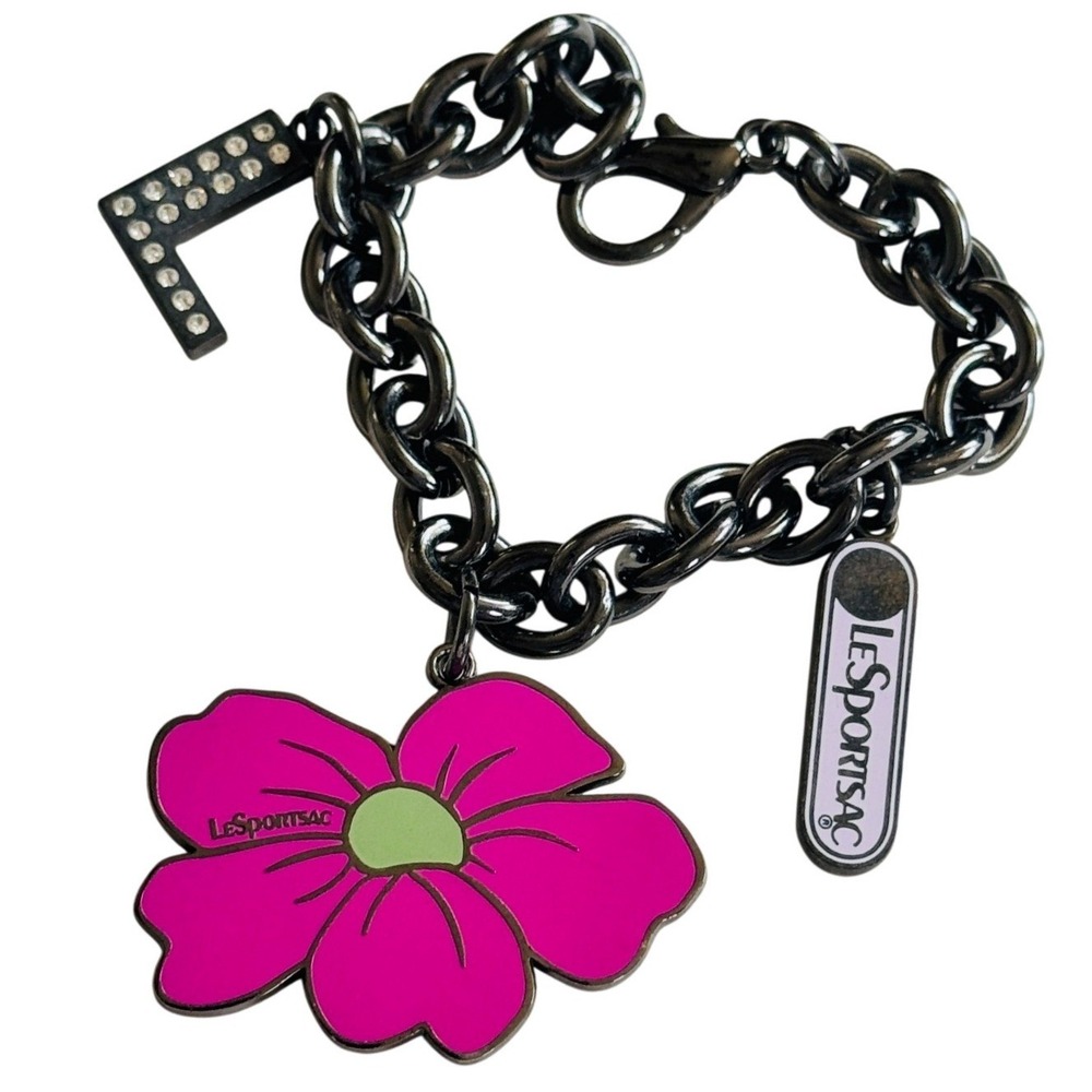 VTG Y2K LeSportsac charm Logo flower Bracelet pink enamel rhinestone designer